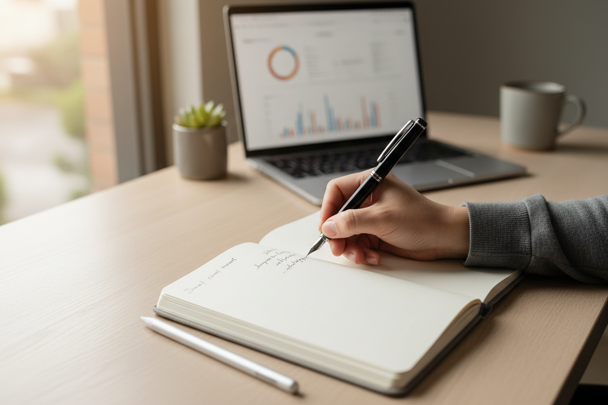 close up image of someone writing in a notebook near a laptop