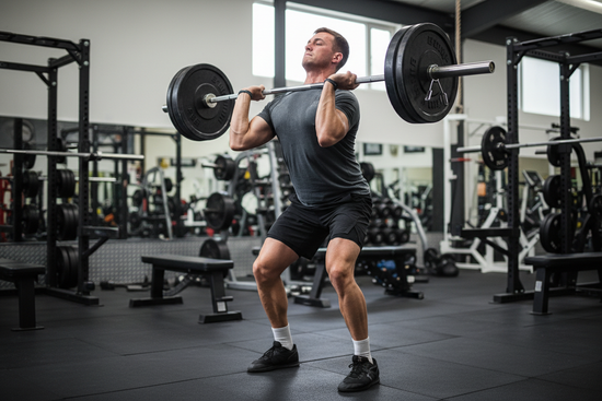 Fully clothed person, neck down image, performing a power clean in a gym. 