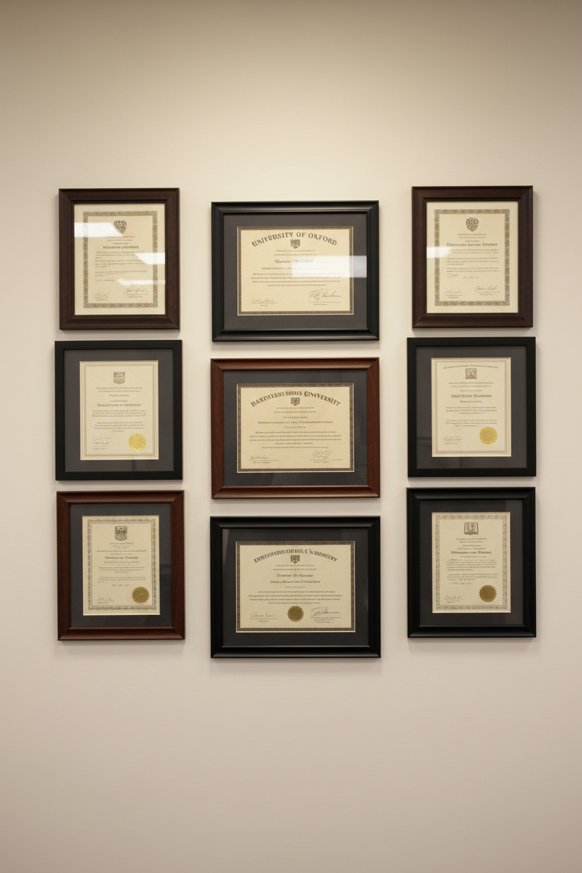 portrait Image of a wall of 8 qualifications in a stock-image style to demonstrate someone being very highly qualified. The image should have a feel of being university like, and be object only with no person in it 