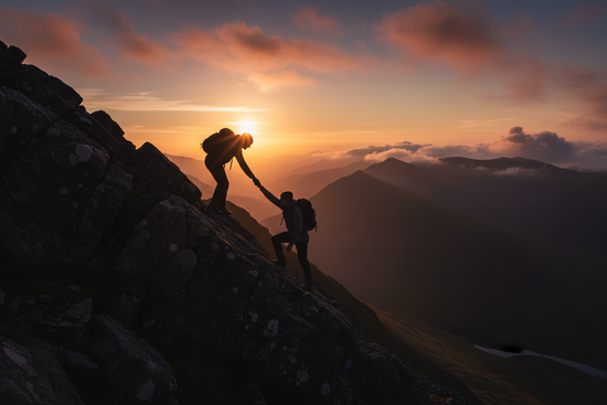 silhouette image against a stunning uk backdrop in the lake district or similar of a mountaineer further up an ascent showing support to second climber slightly below as they ascend diagonally rising rocky terrain