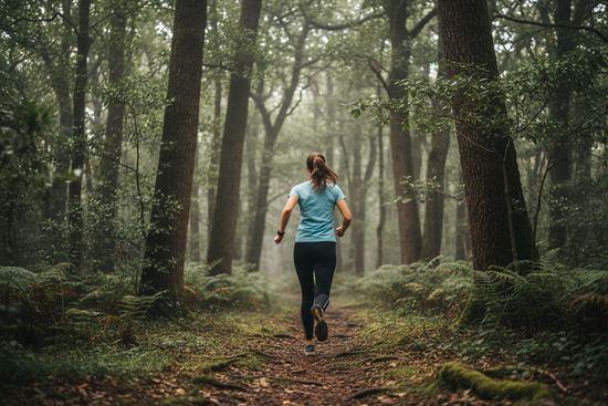 Woman running away from camera in wooded area